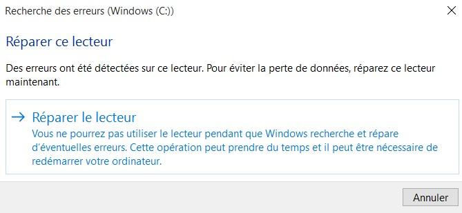 resultatnok - Réparation du disque dur avec l'outil Windows.